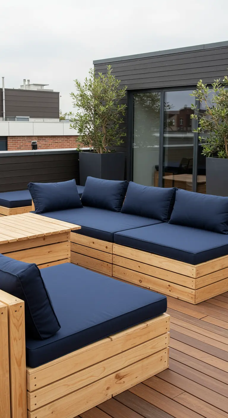 Houten kisten vormen de basis voor een grote modulaire loungebank met donkerblauwe kussens.