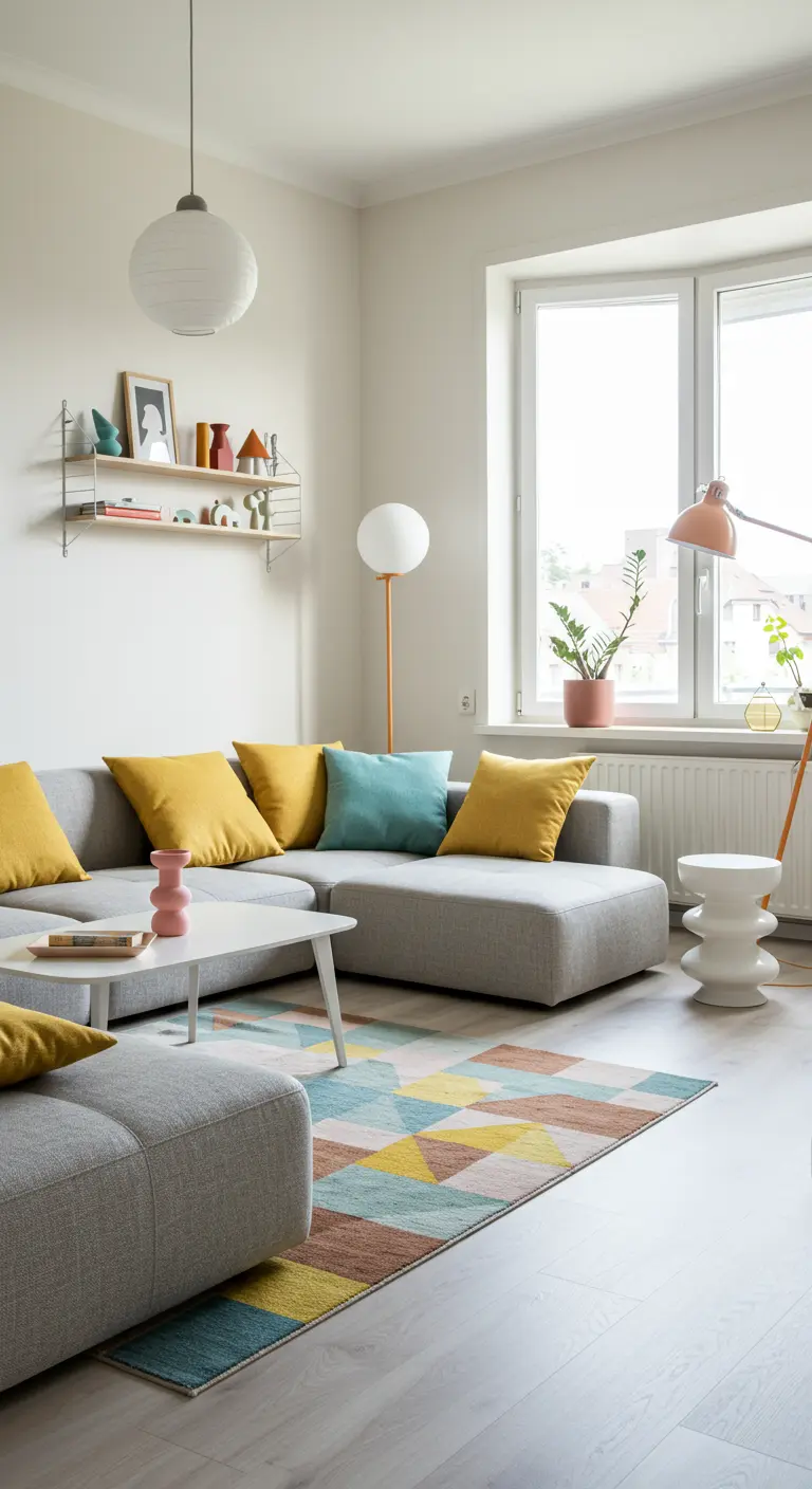Woonkamer met grijze modulaire bank, kleurrijke kussens en geometrisch patroon vloerkleed.