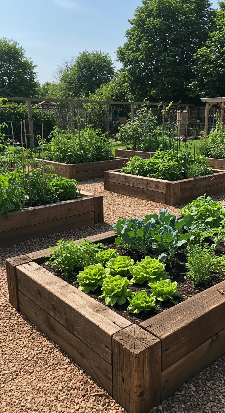 Houten moestuinbakken van dikke balken, gevuld met sla en andere groenten.