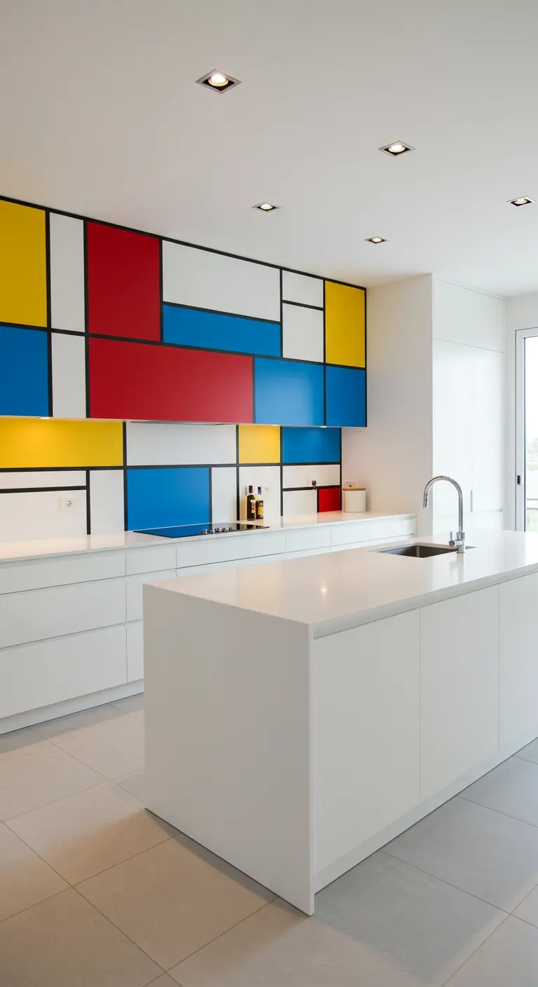 Witte keuken met een Mondriaan-geïnspireerde kastenwand in rood, blauw en geel.