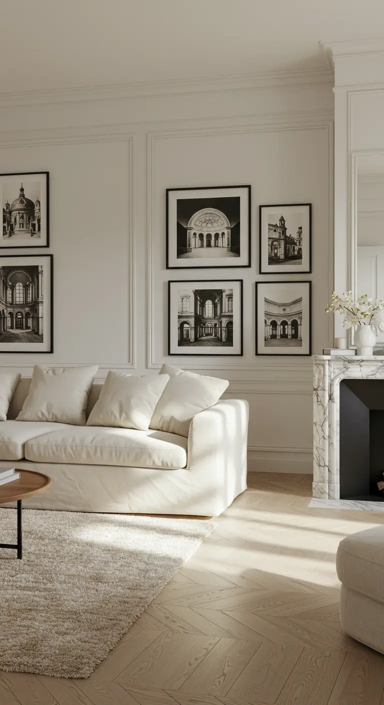 Lichte woonkamer met monochrome architectuurprints boven een marmeren open haard