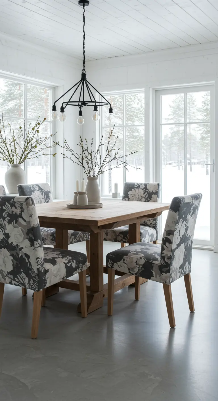 Eetkamer met grijze bloemenstoelen, houten tafel en uitzicht op besneeuwd landschap.