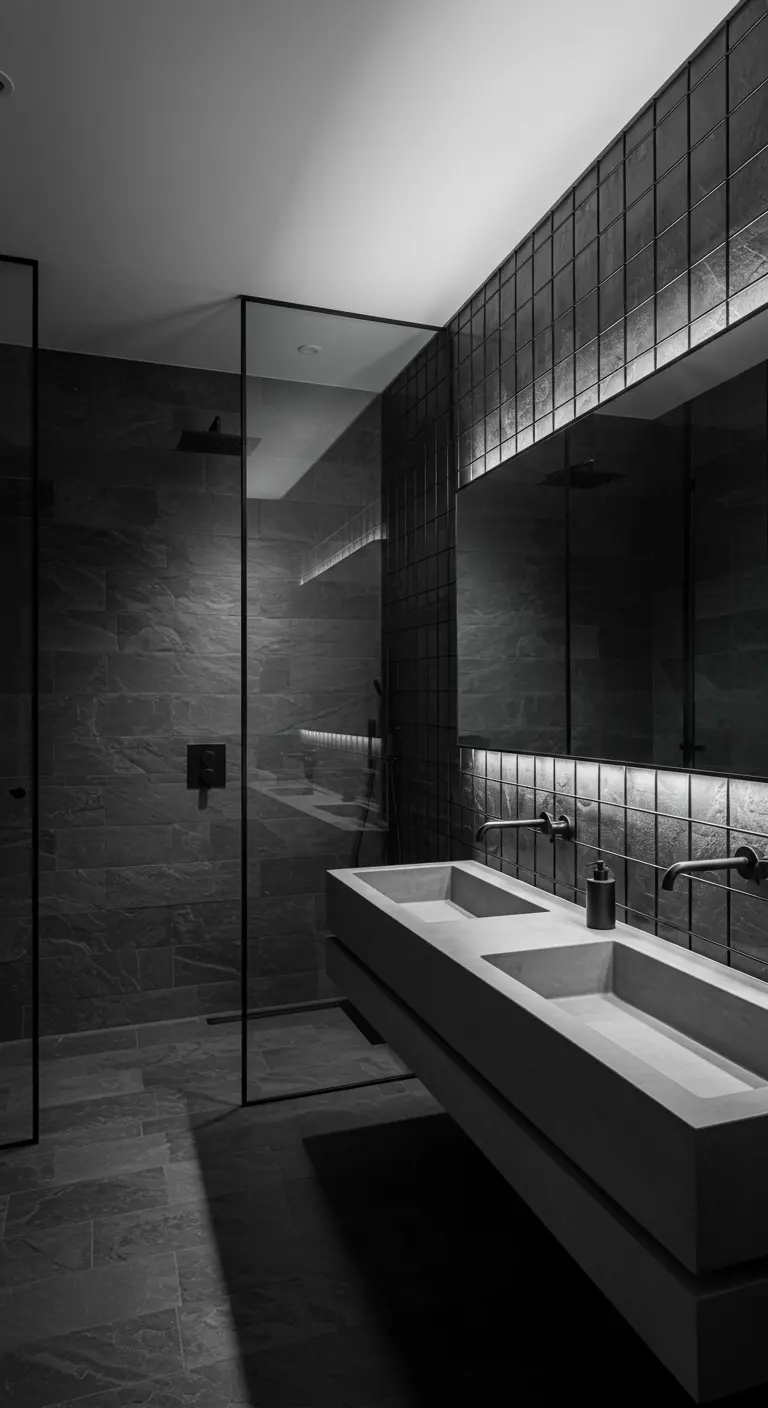Donkergrijze monochrome badkamer met betonnen wastafel en glazen douche.
