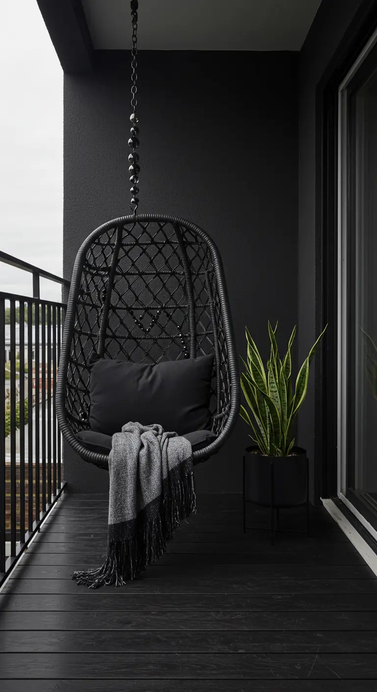 Zwarte eierstoel op een zwart balkon met een zwarte plaid en een groene plant.