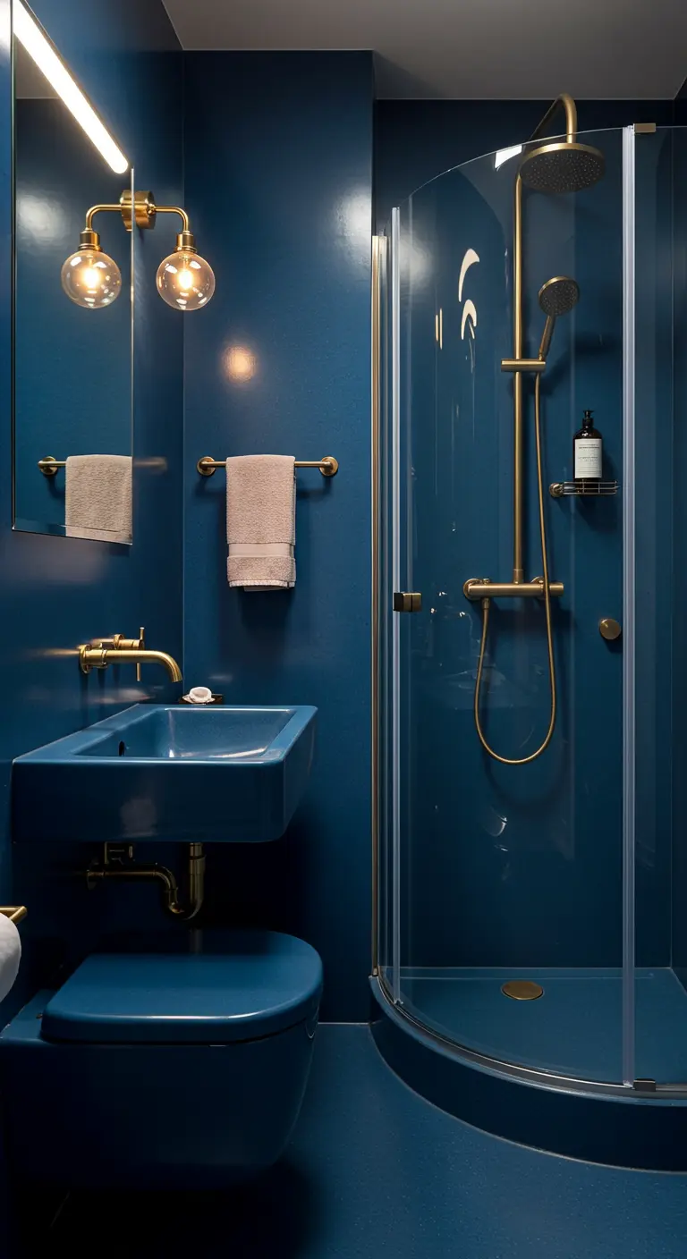 Volledig diepblauwe badkamer met een blauwe wastafel, toilet en gouden kranen.
