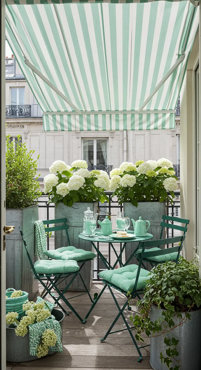 Balkon met mintgroene bistrosset, gestreept zonnescherm en witte hortensia's in zinken bakken.