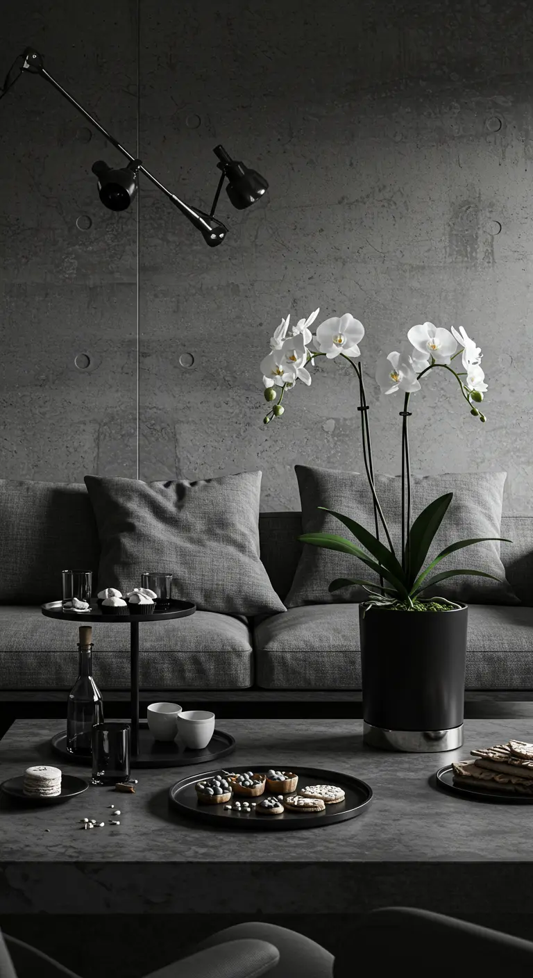 Grijze monochrome woonkamer met een witte orchidee als contrasterend detail.