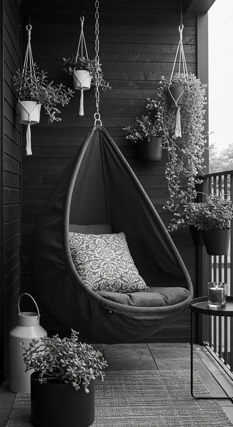 Zwart-wit balkon met een donkergrijze hangstoel, donkere wand en planten in witte macramé hangers.