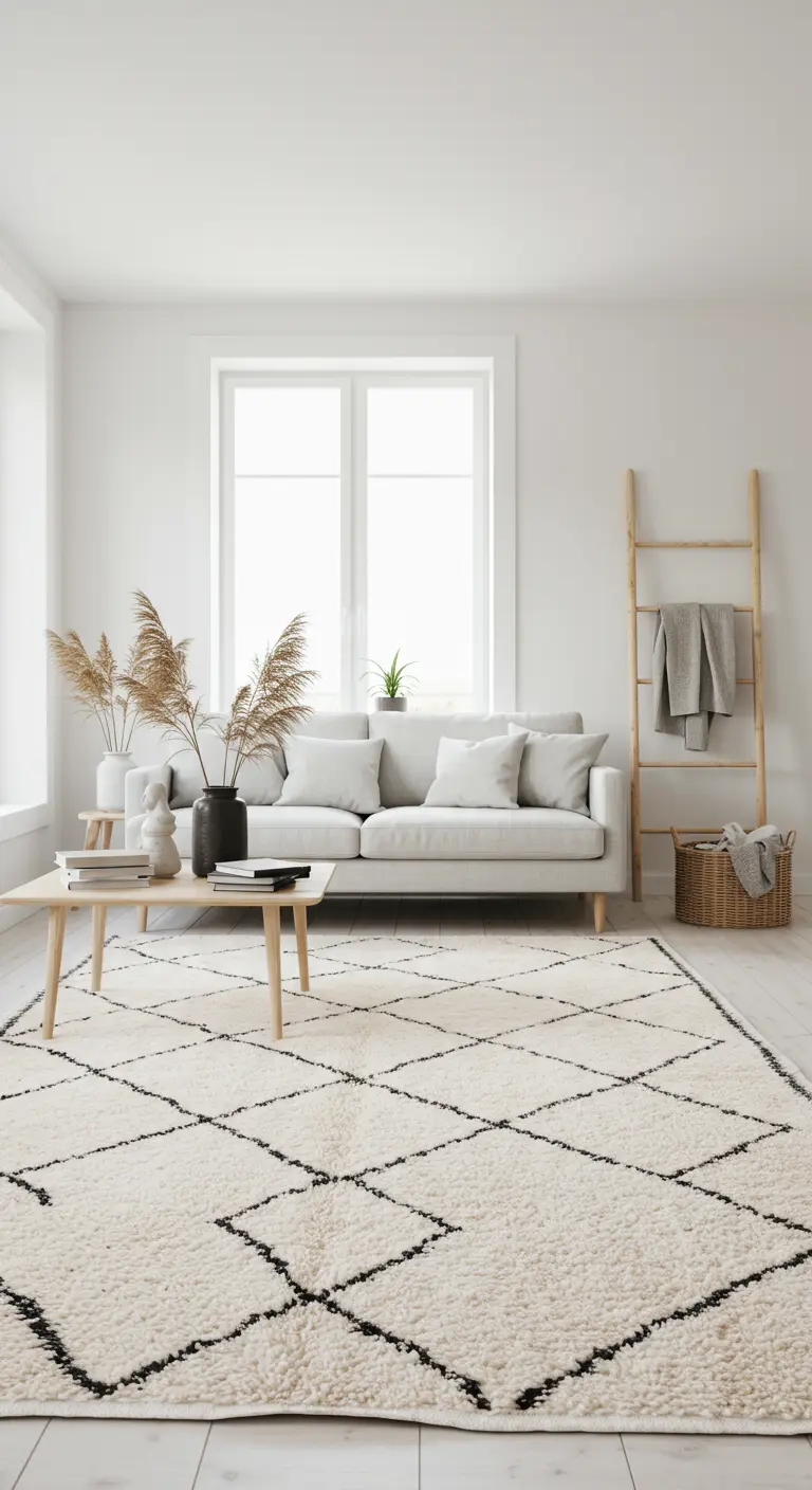 Minimalistische witte woonkamer met zwart-wit geruit tapijt, lichte bank en houten meubels.