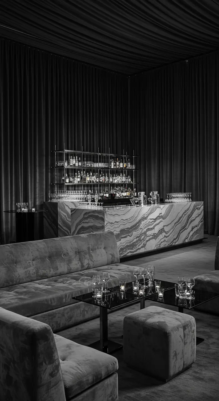 Zwart-wit interieur met een marmeren bar, fluwelen banken en hoge gordijnen.
