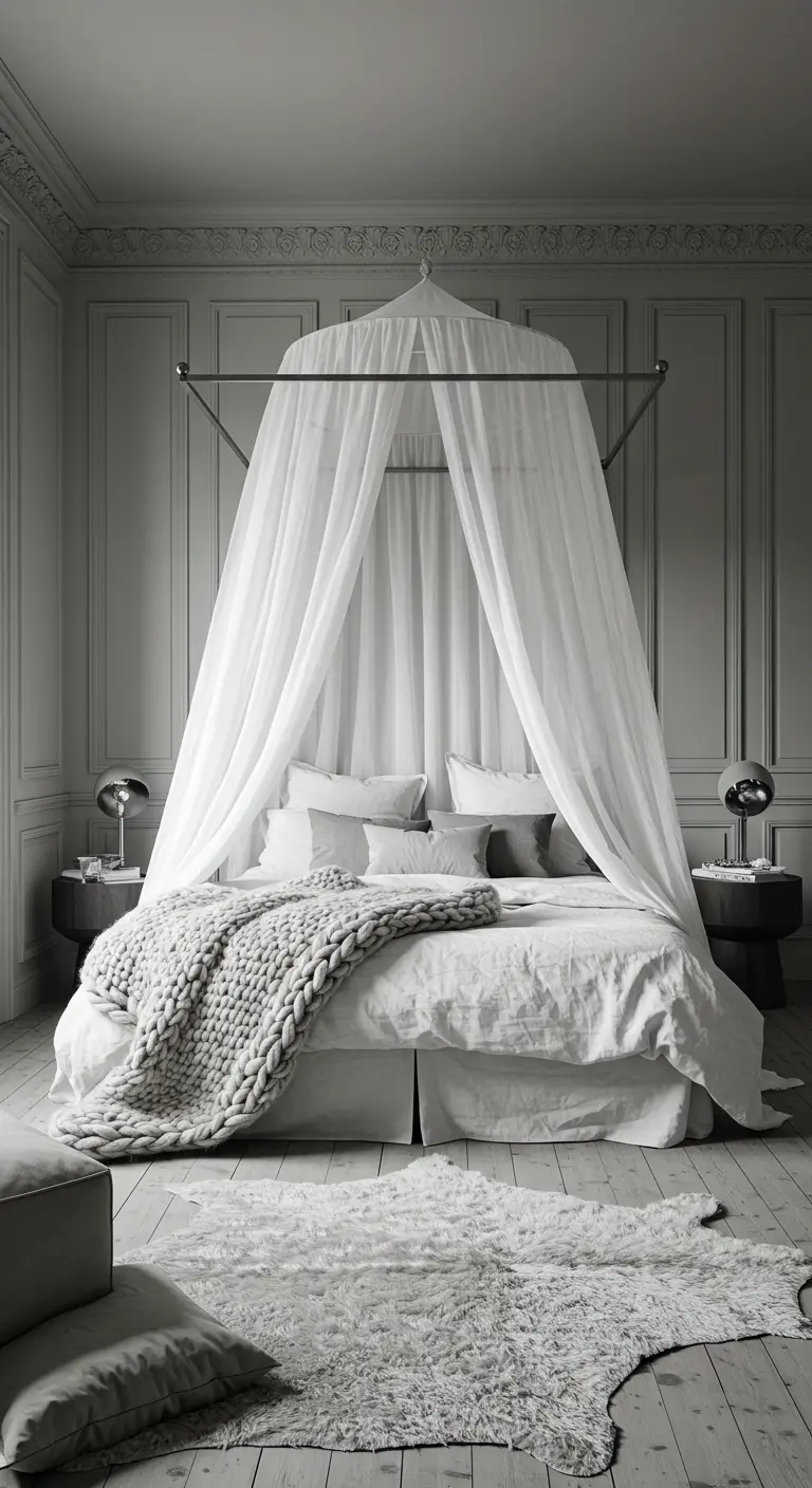 Grijze monochrome slaapkamer met hemelbed en veel zachte texturen.