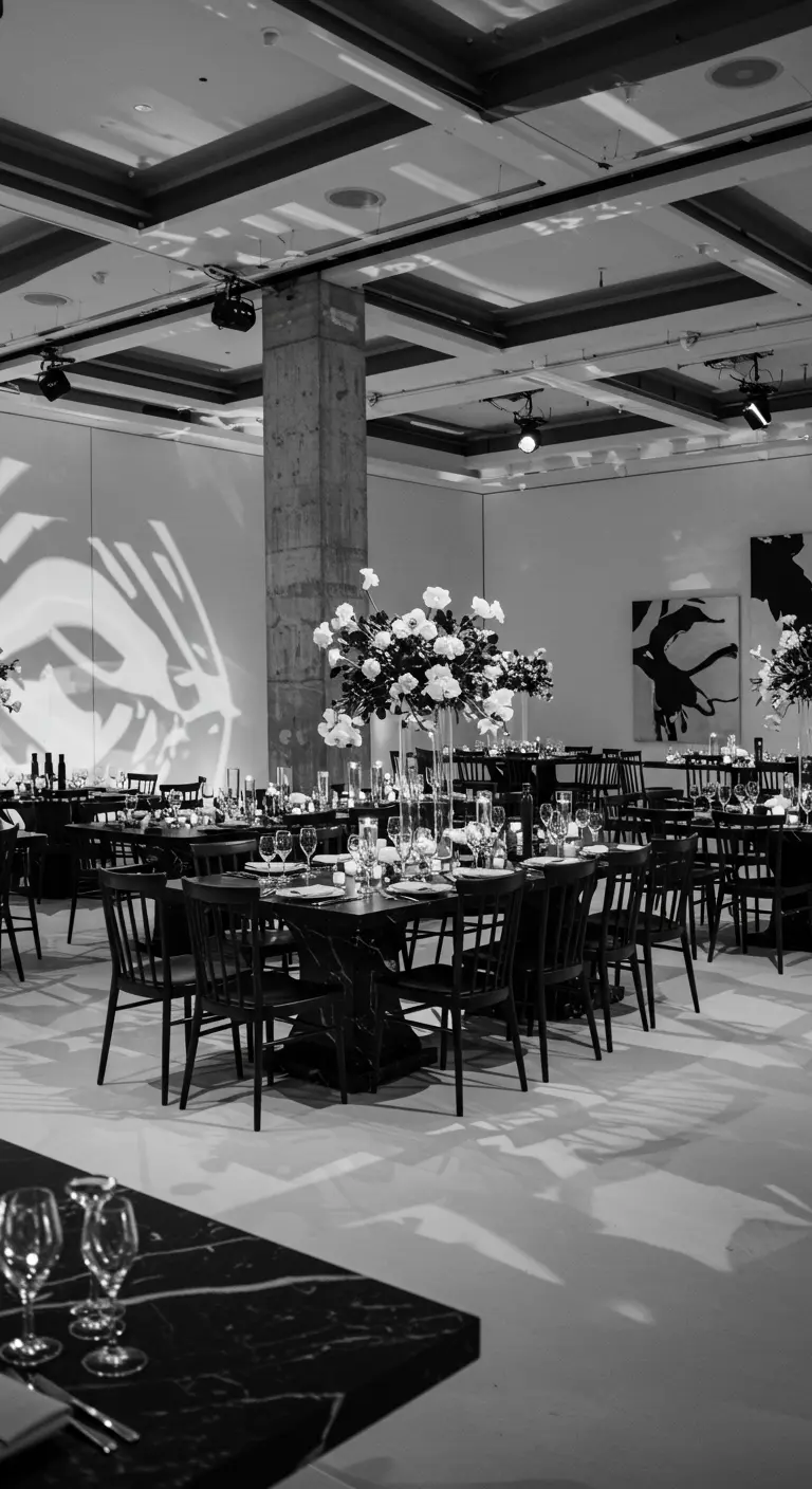 Zwart-wit interieur van een moderne evenementenruimte met hoge witte bloemstukken.