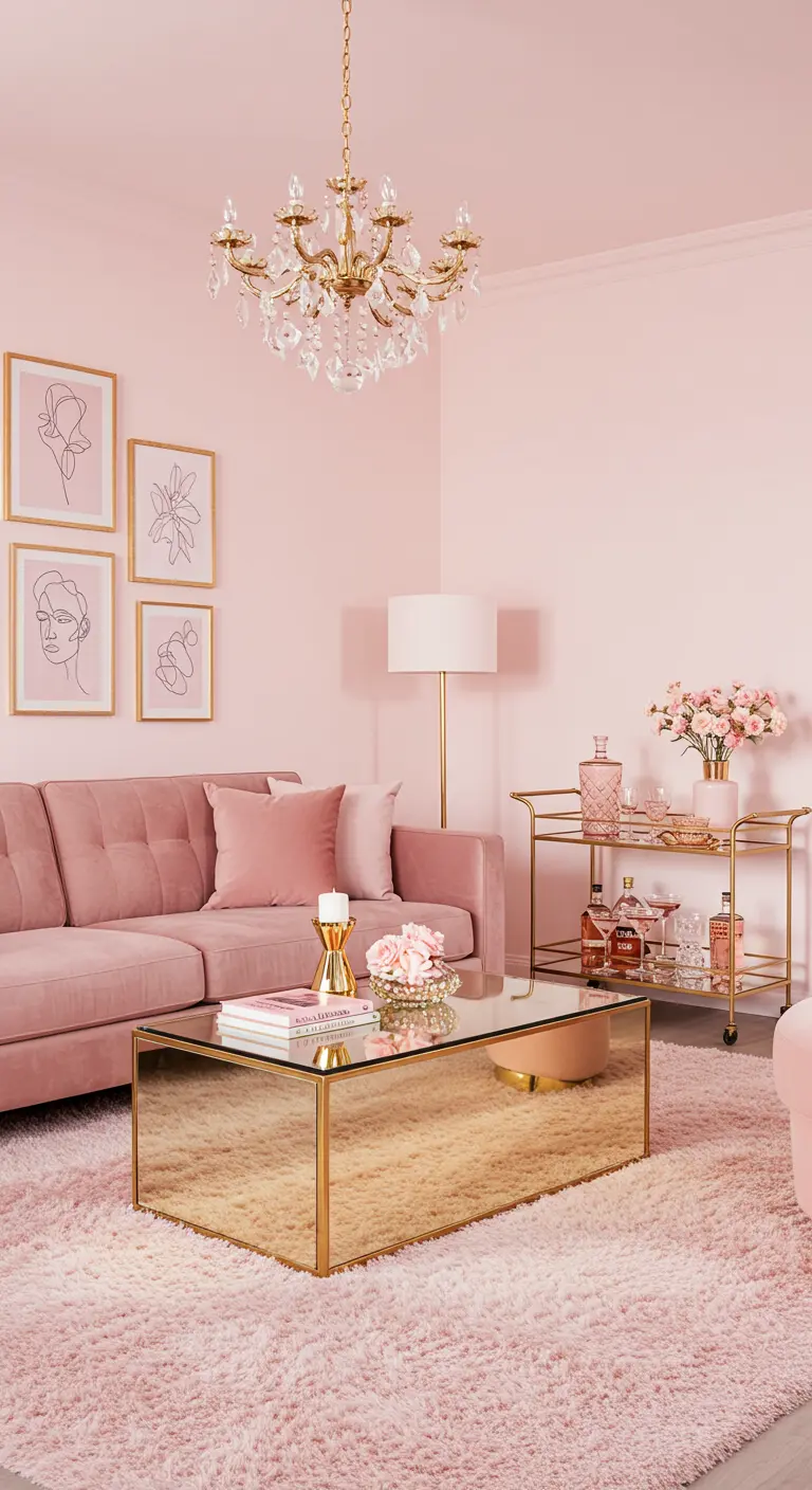 Woonkamer volledig in roze tinten met een spiegelende gouden salontafel.