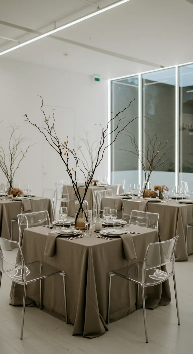 Taupe tafels met grillige takken en transparante stoelen in een moderne, minimalistische ruimte.