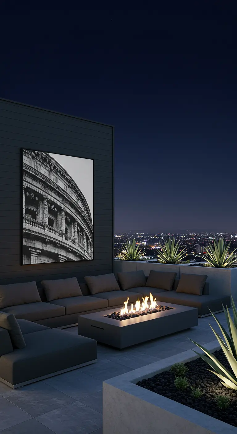 Luxe dakterras met vuurtafel en een grote, zwart-wit poster van het Colosseum.