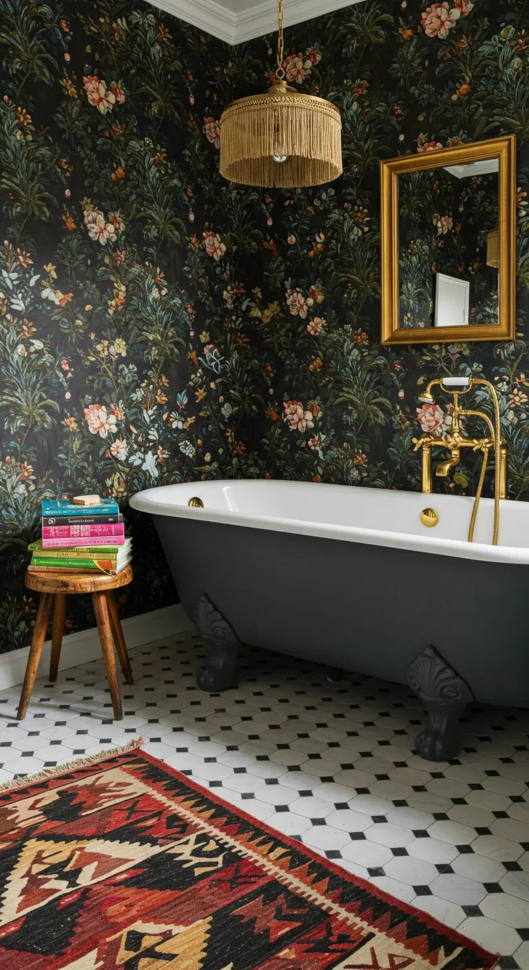 Badkamer met donker bloemenbehang, een grijs bad op pootjes en gouden details.