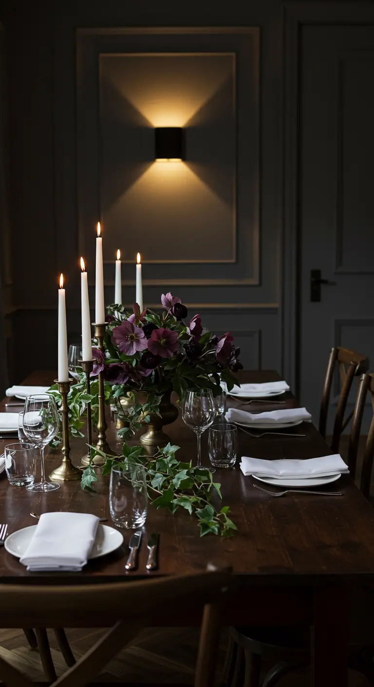Donkere, sfeervolle eettafel met hoge kaarsen en een donker bloemstuk, aangelicht door een wandlamp.