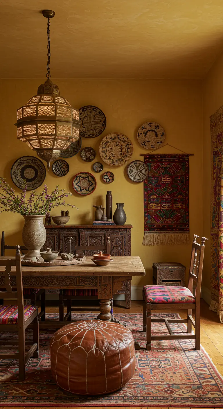 Bohemian eetkamer met mosterdgele muren, donkerhouten meubels en geweven manden aan de wand.