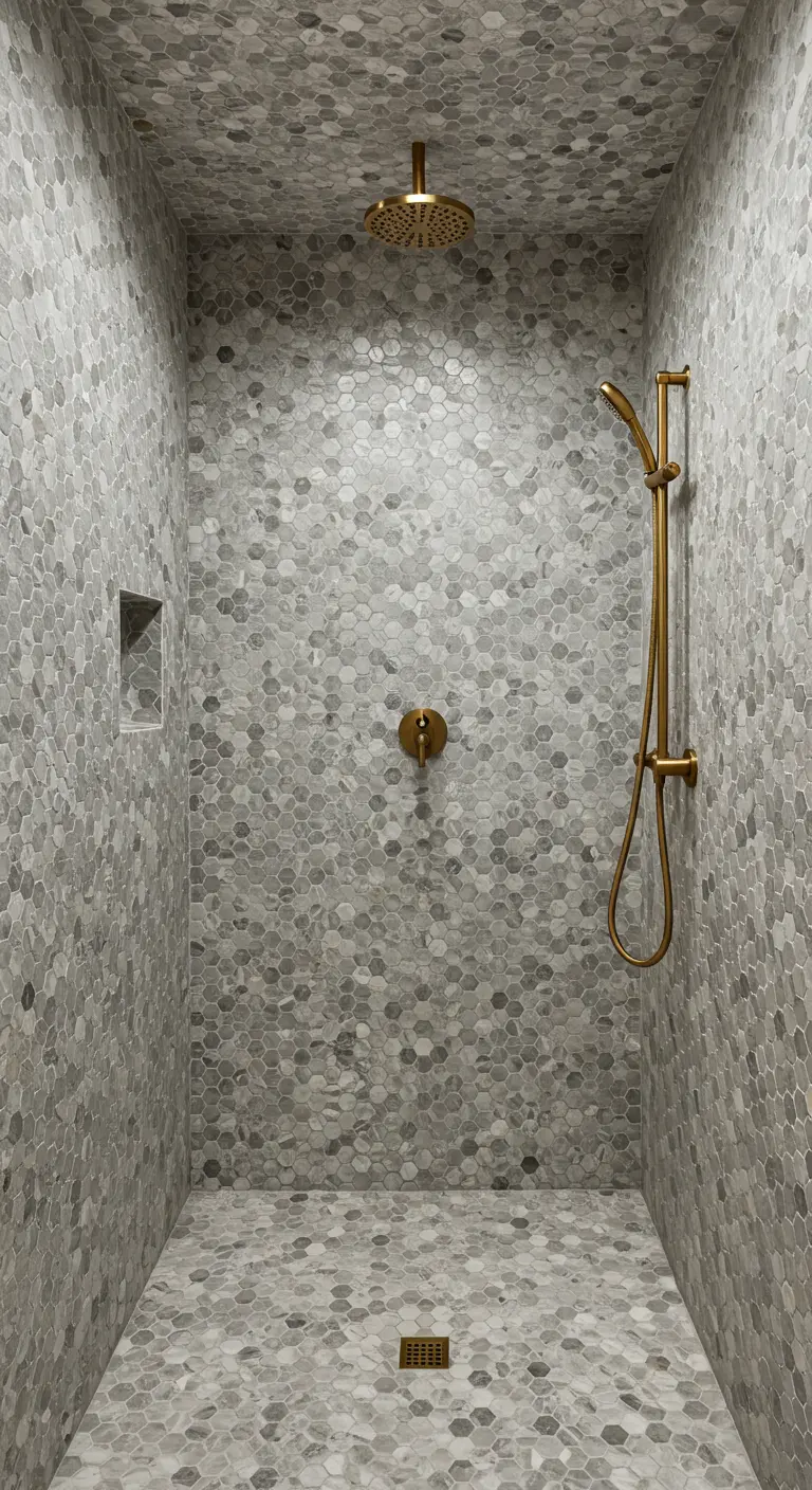 Inloopdouche volledig bekleed met grijze hexagon mozaïektegels en gouden kranen.