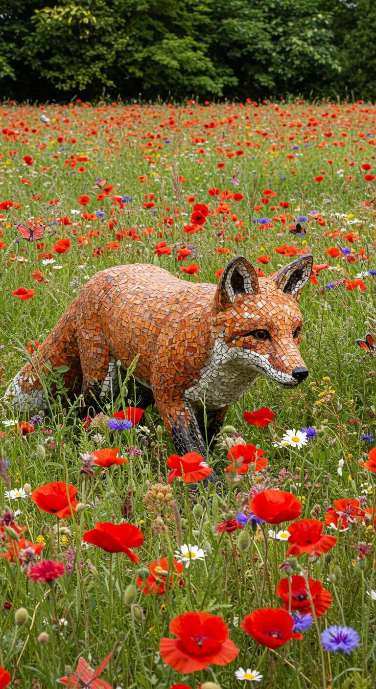 Mozaïekbeeld van een vos in een veld vol wilde bloemen zoals klaprozen.