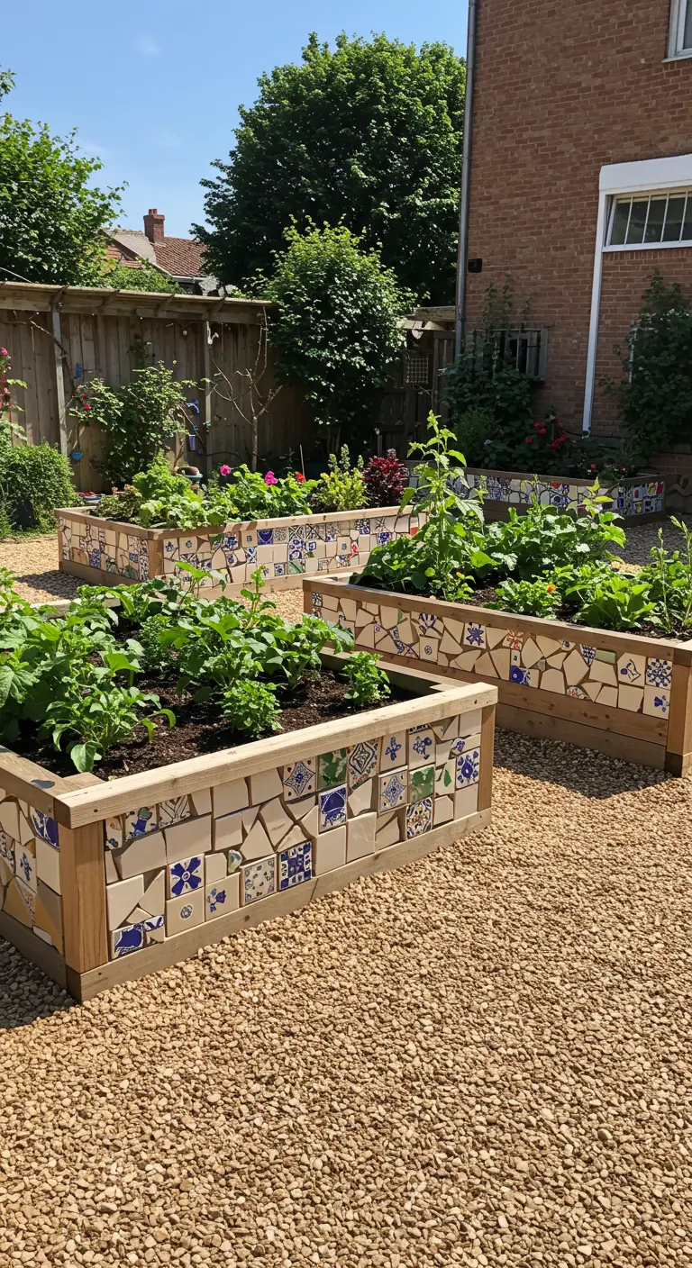 Houten verhoogde plantenbakken versierd met een mozaïek van gebroken blauw-witte tegels.