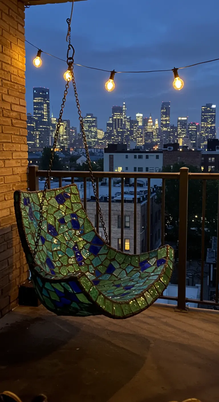 Handgemaakte mozaïek hangstoel met uitzicht op een verlichte skyline.