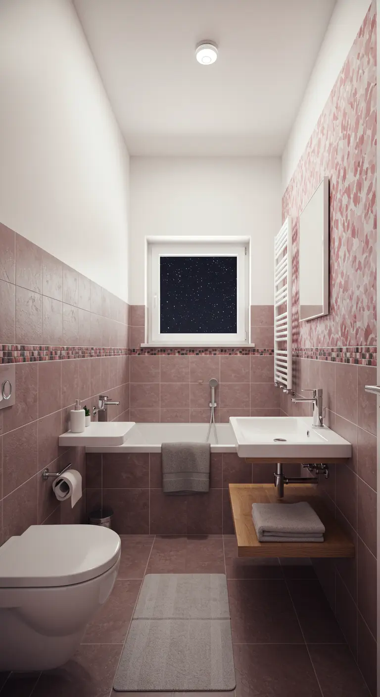 Smalle badkamer met een mozaïek accentwand in roze tinten en een raam met sterrenhemel.
