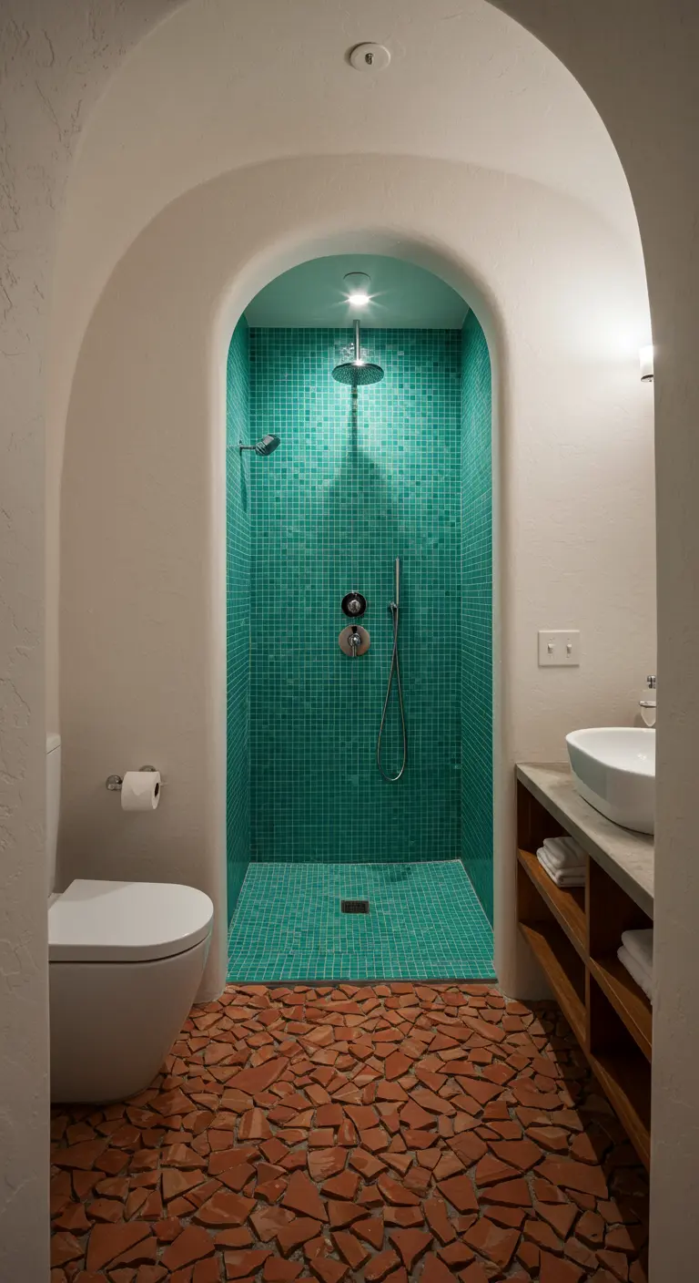 Grotachtige inloopdouche met turquoise mozaïek en een vloer van gebroken terracotta scherven.