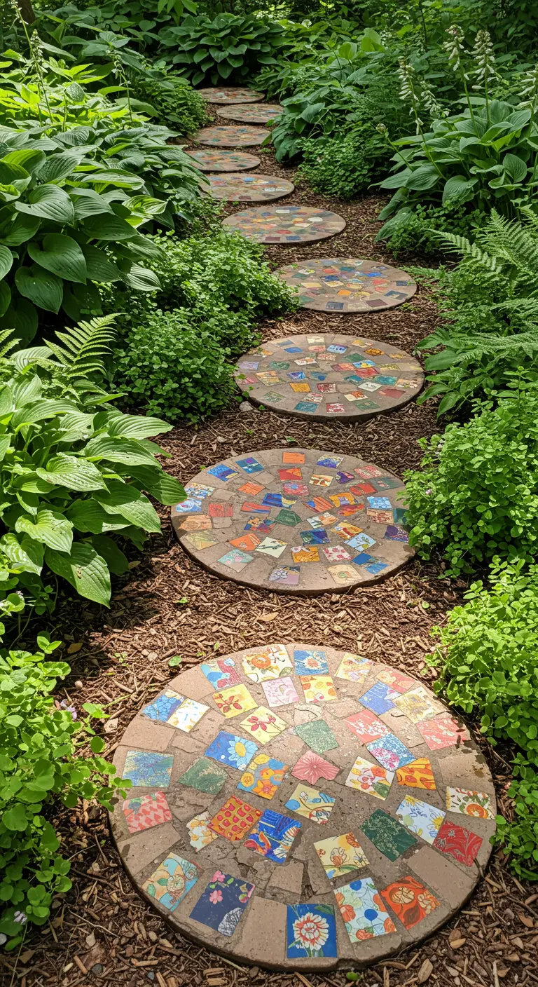 Ronde stapstenen in een tuinpad, versierd met een mozaïek van tegels met bloemenprints.