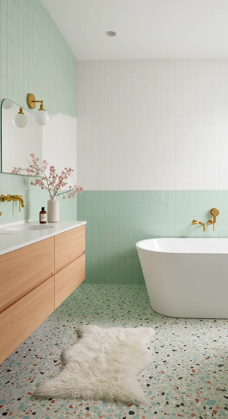 Moderne badkamer met terrazzo vloer en halfhoge muntgroene tegels.