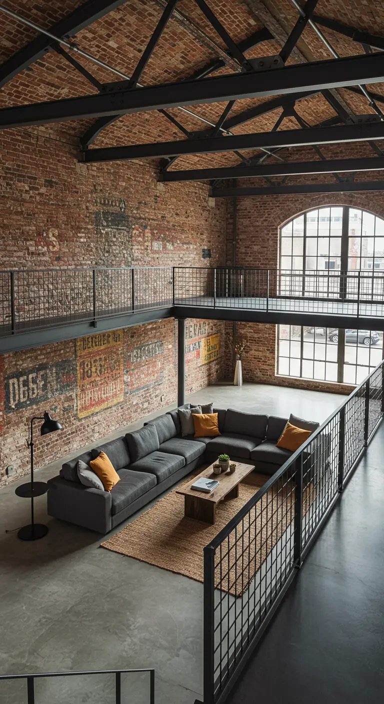 Grote loft met bakstenen muren waarop oude reclames zijn geschilderd.