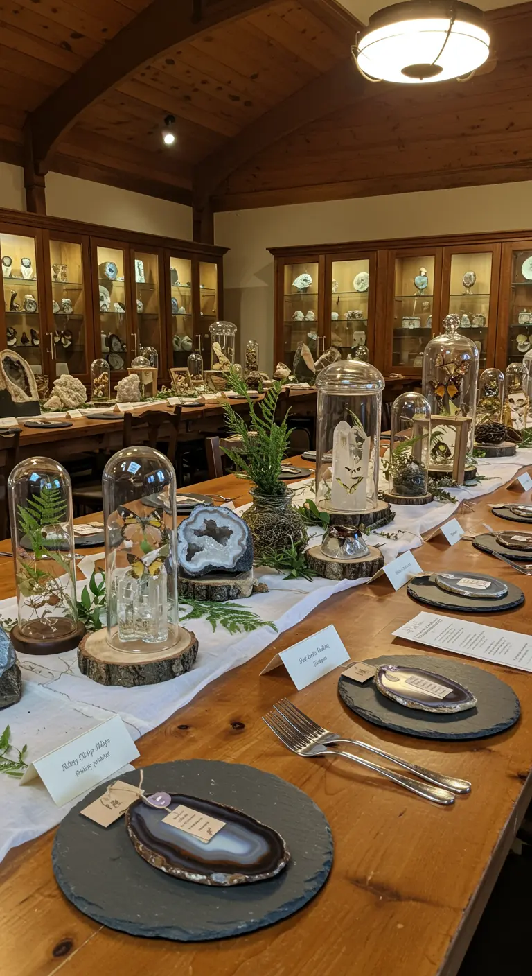 Dinertafel gedecoreerd met stolpen, mineralen, agaatstenen en varens in een museumachtige setting.