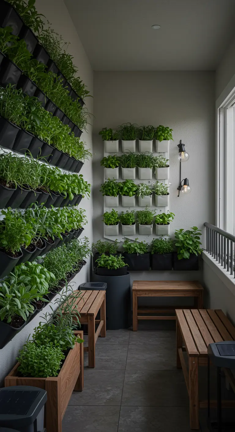Groot balkon met twee verticale kruidenwanden van modulaire bakken (zwart en wit) en houten bankjes.