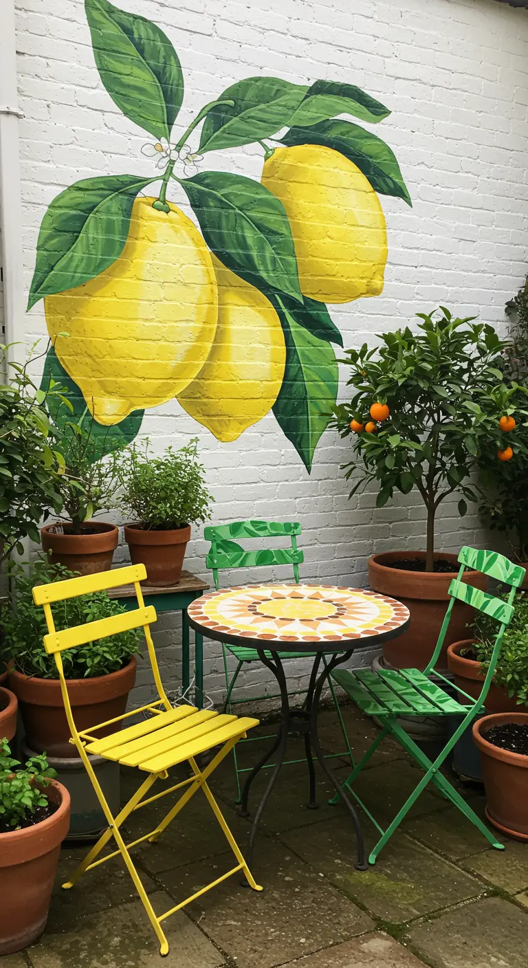 Patio met een grote muurschildering van citroenen op een witte bakstenen muur.