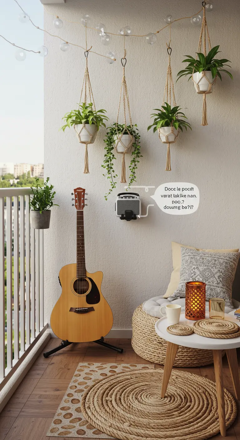 Balkon met hangende macramé planten, een gitaar op een standaard en een zithoekje.