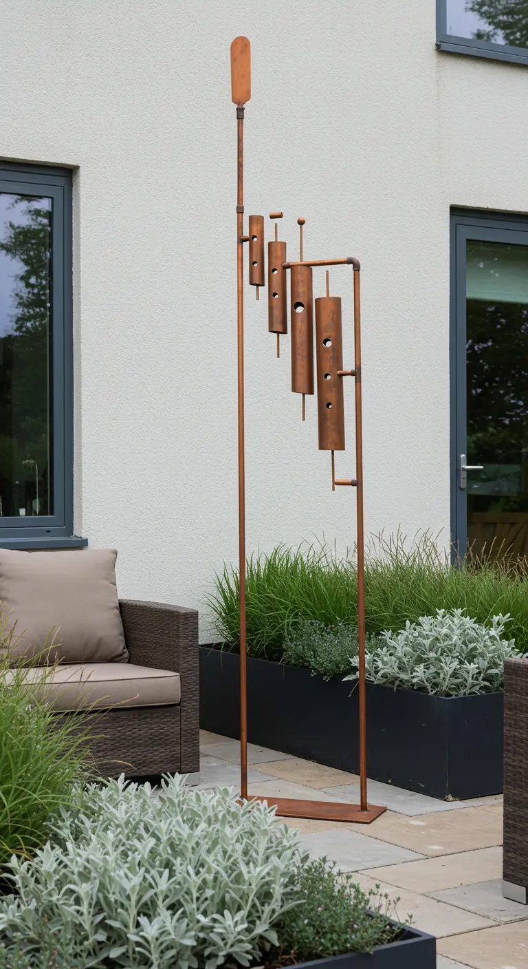Modern koperen windgong-sculptuur op een terras met strakke plantenbakken.
