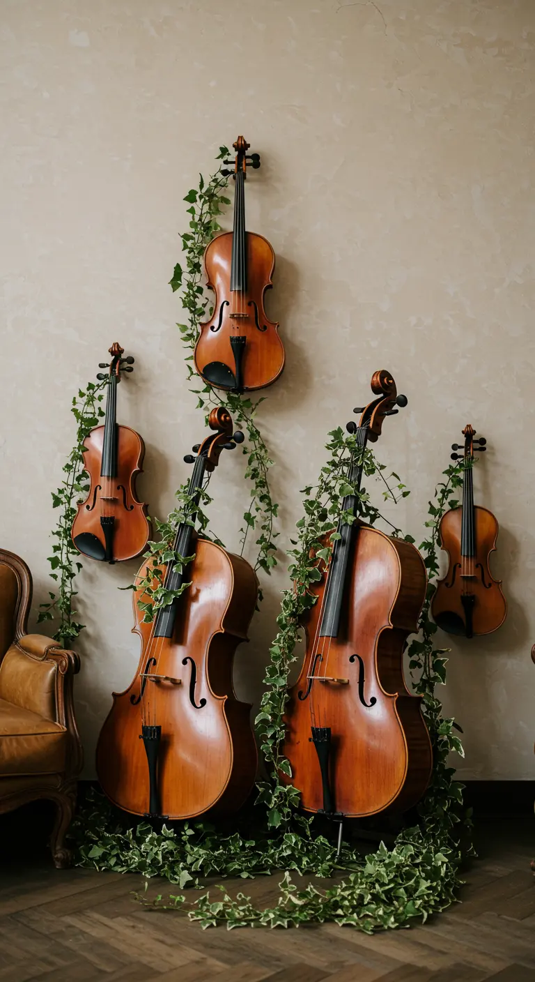 Een wanddecoratie van verschillende violen en cello's, omwikkeld met groene klimop.