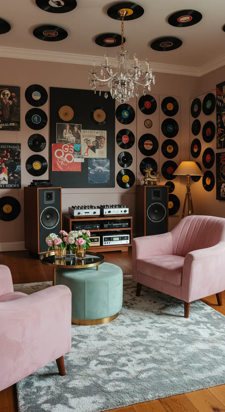 Woonkamer met een muur vol vinylplaten en meubels in zachtroze en saliegroen.