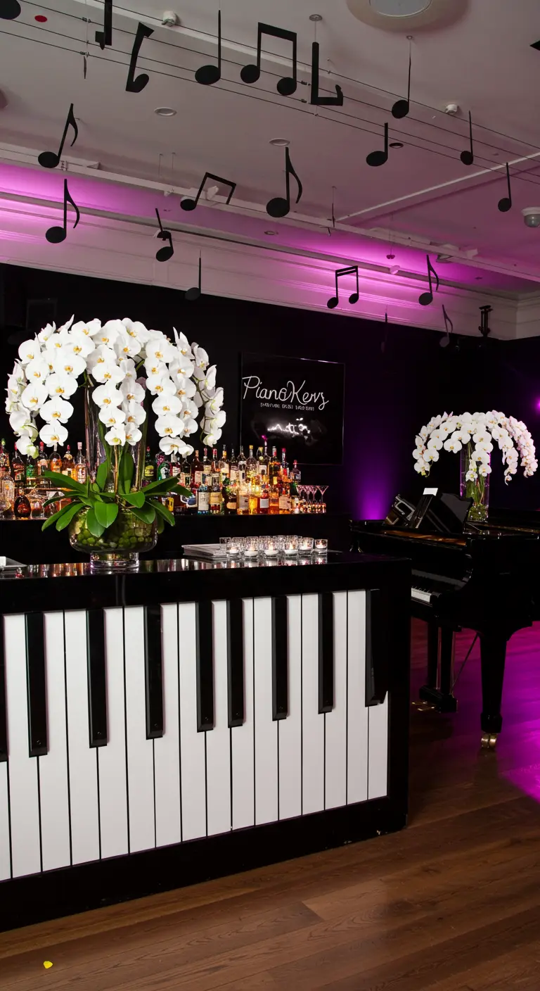 Feestbar ontworpen als een piano, met grote muzieknoten die aan het plafond hangen.