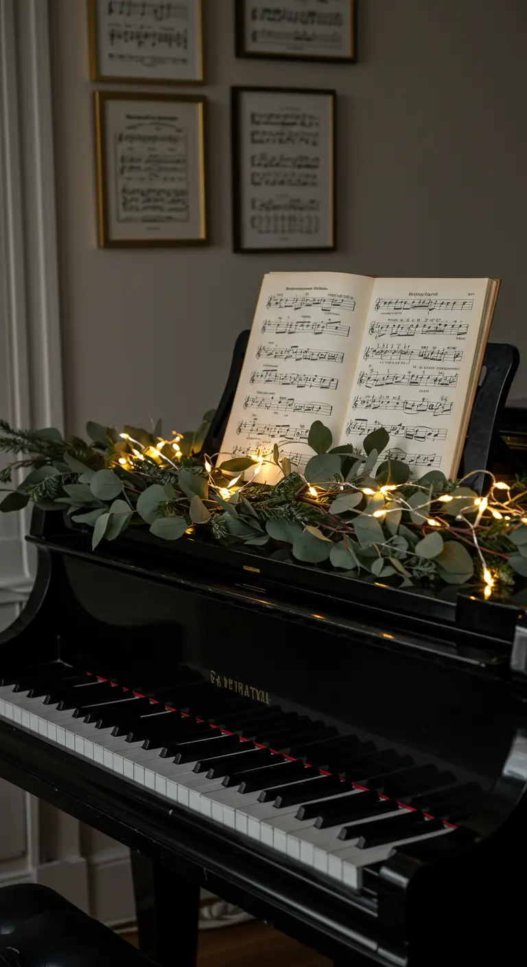 Zwarte piano versierd met een groene tak met lichtjes en een opengeklapt muziekboek.