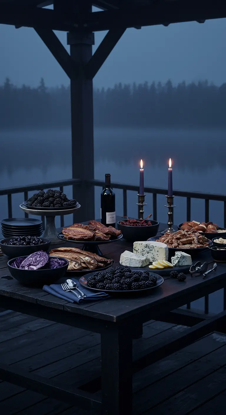 Donker buffet met kaarslicht op een steiger aan een mistig meer.