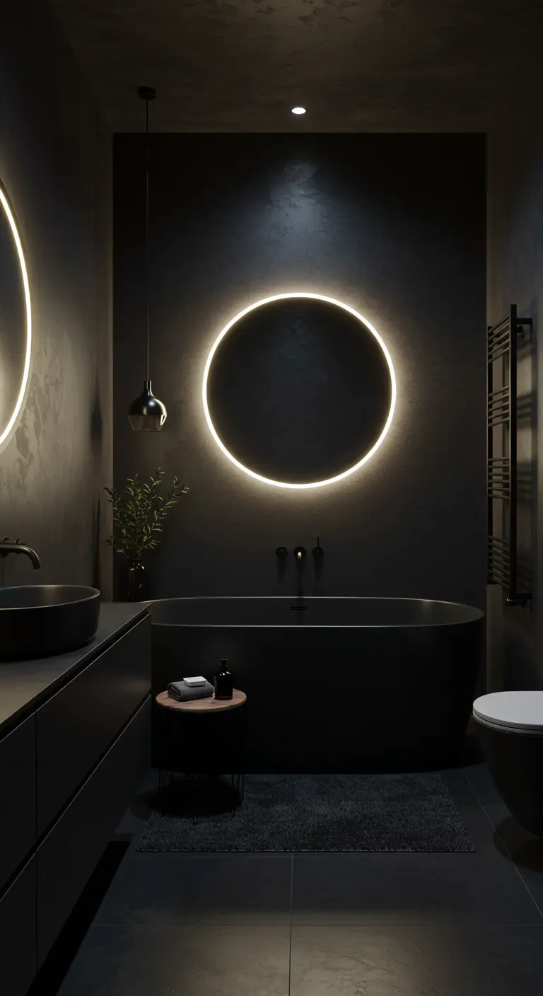 Volledig zwarte badkamer met een ronde spiegel met achtergrondverlichting als centraal punt.