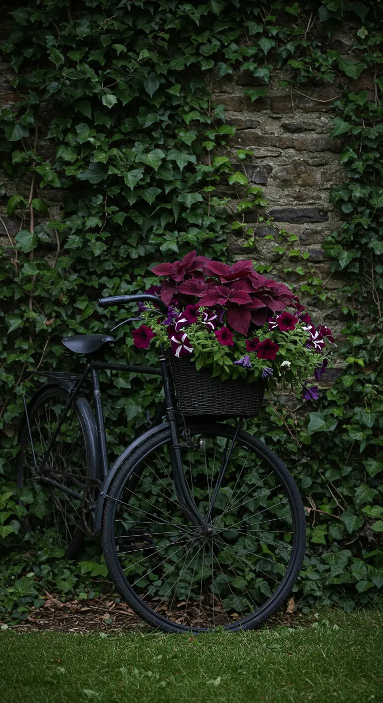Zwarte fiets met een mand vol donkerpaarse bloemen, geplaatst tegen een stenen muur begroeid met klimop.