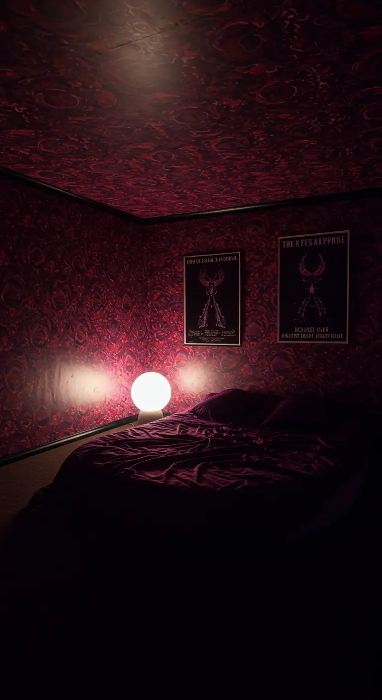 Donkere slaapkamer met rood-zwart patroonbehang op muren en plafond.
