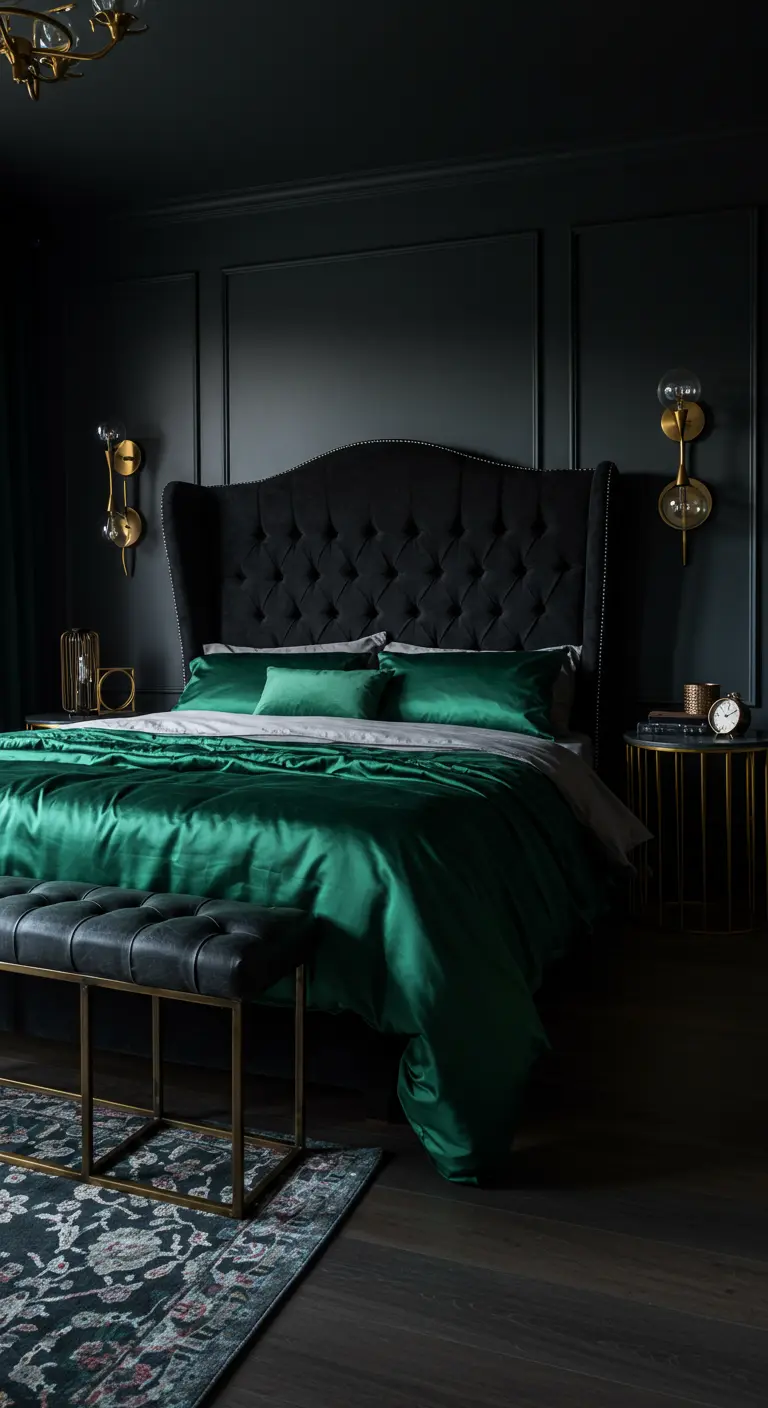 Donkere slaapkamer met een zwart gecapitonneerd hoofdbord, smaragdgroen satijnen dekbed en gouden accenten.