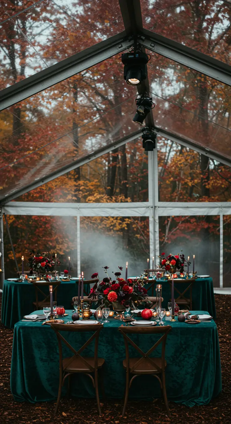 Luxe herfstdiner in een tent met smaragdgroene tafelkleden en donkere bloemen.