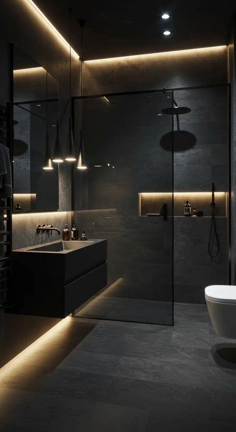 Donkere badkamer met indirecte LED-verlichting en een glazen douchewand.