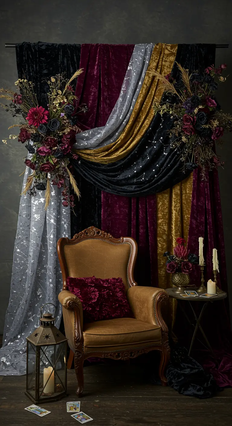 Donkere, luxe backdrop met fluwelen doeken, donkere bloemen en een vintage stoel.
