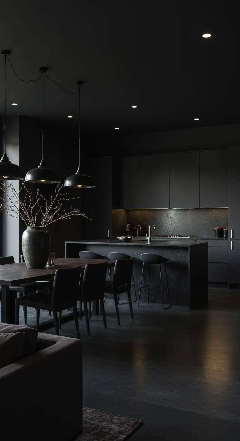 Geheel zwarte, minimalistische keuken en eetruimte met donkere hanglampen en sfeerverlichting.