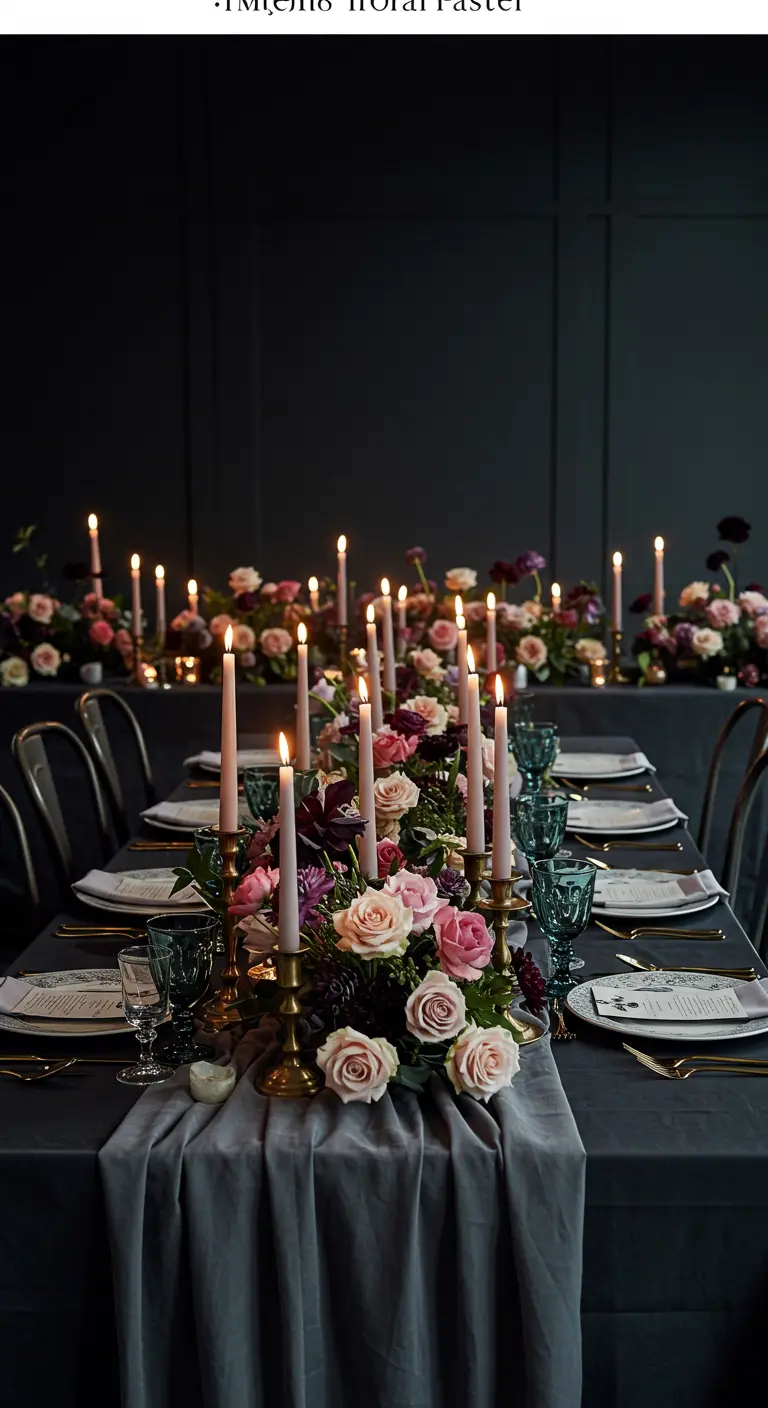 Donkere, sfeervolle dinertafel verlicht door talloze roze kaarsen, met roze en witte rozen.